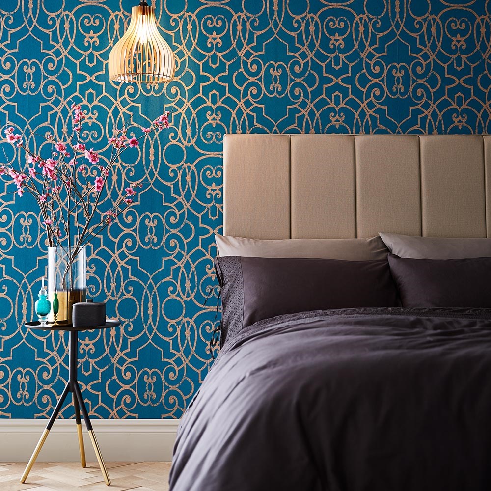 Shoji Wallpaper 105233 by Graham & Brown in Teal Green